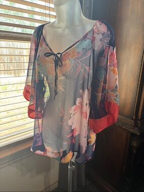 Express Sheer Floral Tie-Neck Blouse - Black with Red Accents